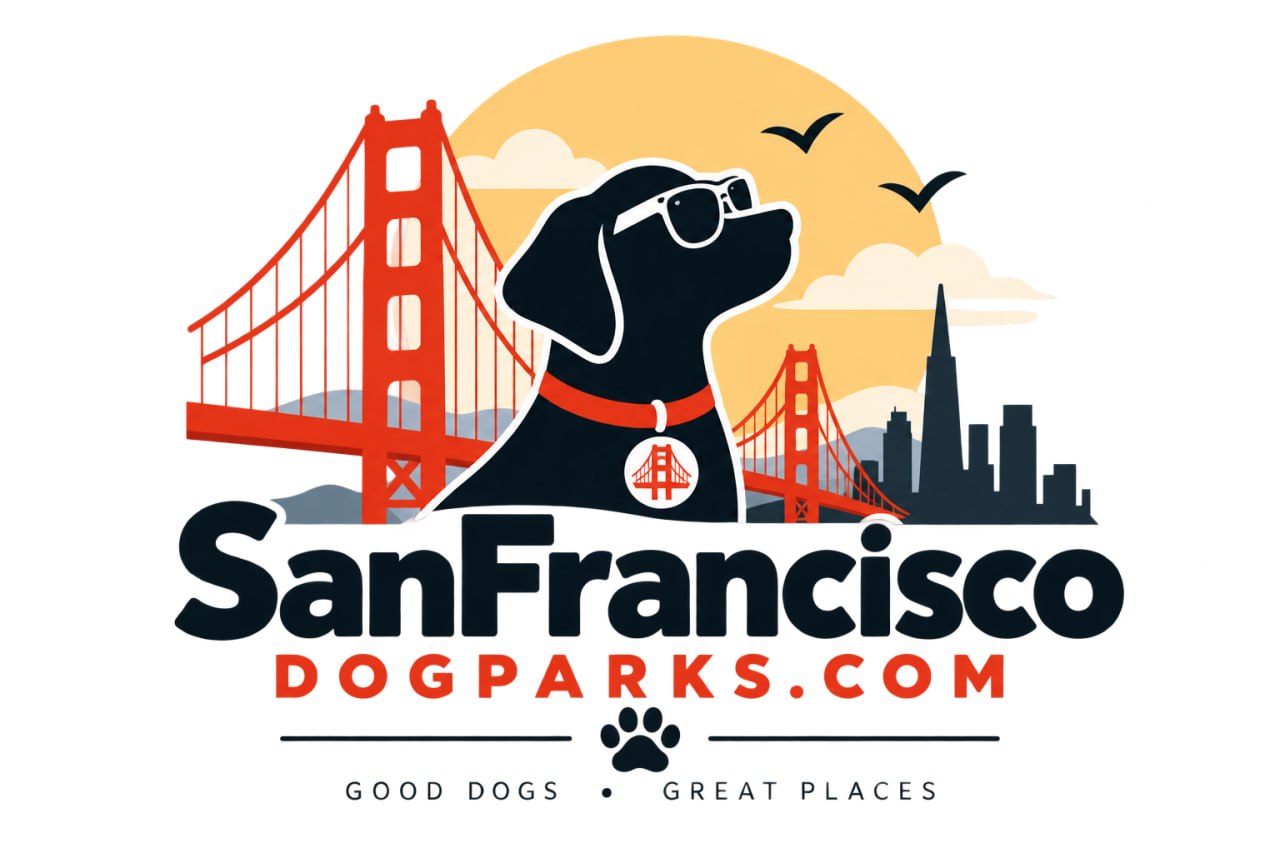 SanFranciscoDogParks.com — black dog in sunglasses before the Golden Gate Bridge and city skyline