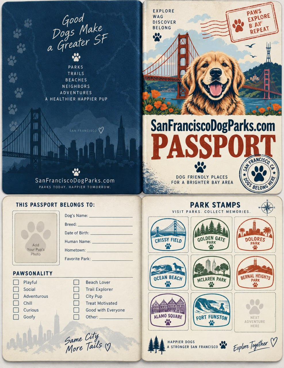 San Francisco Dog Park Passport booklet: Good Dogs Explore More, Parks Today Happier Tomorrow — collect a stamp at every off-leash park.